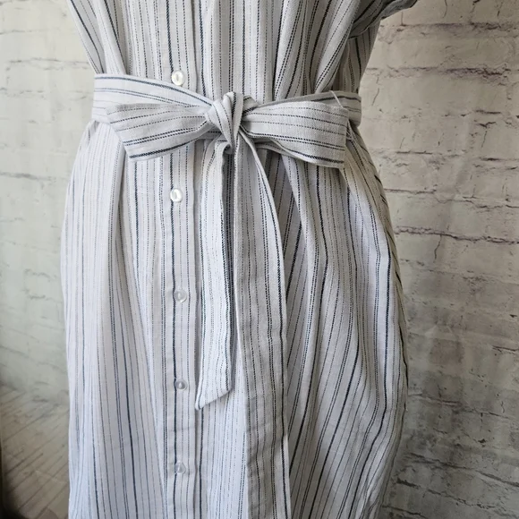 NWOT Ann Taylor Factory Button Front Cotton White Blue Stripe Shirtdress Large - Picture 6 of 11